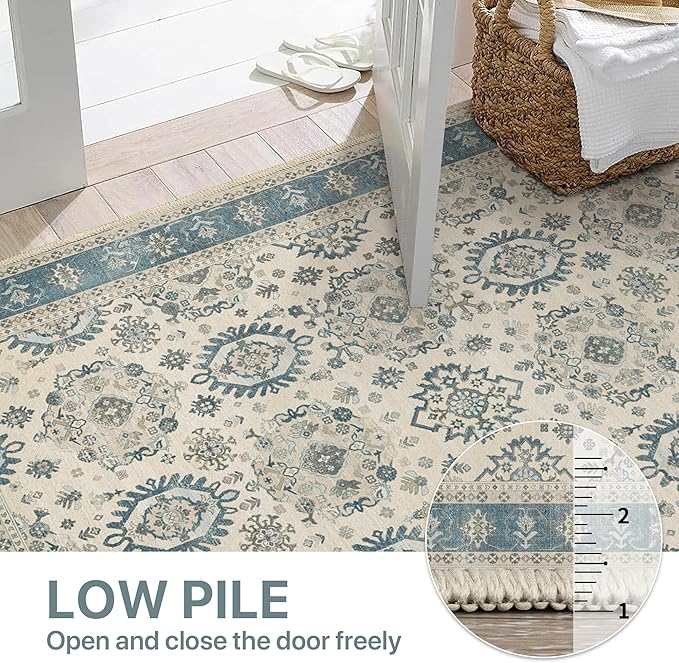 2x5 Runner Rug Machine Washable Boho Runners for Hallway,Ultra-Thin Low Pile Rug,Lightweight Indoor Carpet,Non Slip Floral Runners for Enrtyway, Corridor, Home Office, Kitchen,Aqua Blue