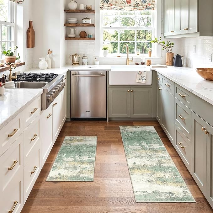 Kitchen Runner Rug Set 2 Piece, 17"x59"+17"x30" Rug, Modern Abstract Machine Washable Rug Runner for Hallway, Low Pile Soft Indoor Floor Mat with Non-Slip Backing, Light Green