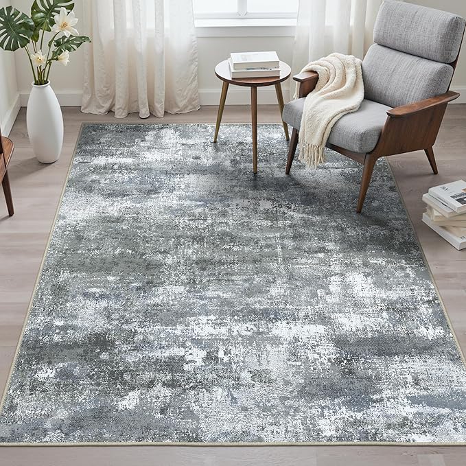 Area Rugs 6x9 for Living Room Bedroom, Modern Abstract Machine Washable Rug, Large Soft Low Pile Floor Carpet with Non Slip Backing for Dining Room, Silver Grey