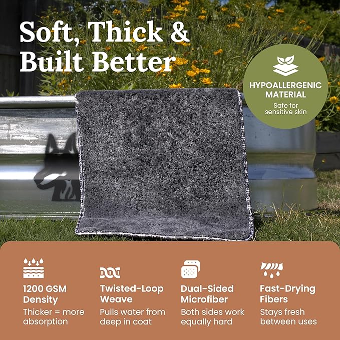 Premium Drying Towel – Small 16" x 24" Super Absorbent Microfiber Dog Bath Towel – Quick Dry, Soft & Durable Dog Towel for Drying Dogs – 1200 GSM Gray for Beach, Camping & Travel