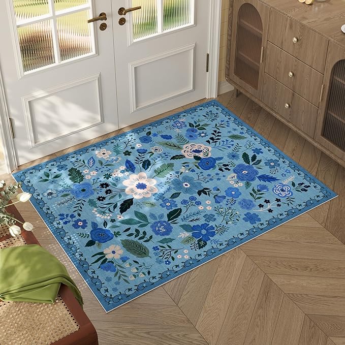 Rugcomf Door Mat Indoor Entrance 2x3 Rug Machine Washable Boho Floral Small Area Rug Non-Slip Low Pile Throw Rugs for Entryway, Kitchen, Front Door Indoor Entrance, Entry, Kids Room (Blue)
