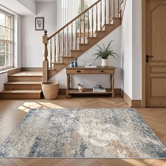 Art&Tuft Washable Rug, Anti-Slip Backing Abstract 4x6 Rug, Stain Resistant Rugs for Living Room, Foldable Machine Washable Area Rug (TPR18-Blue, 4'x6')