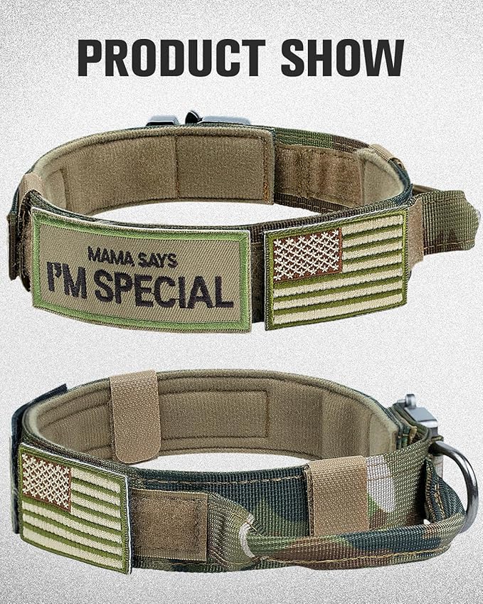 Joytale Tactical Dog Collar with Handle, Adjustable Heavy Duty Military Collar with 2 Patches for Training, Suitable for Medium Dogs, Camouflage, M