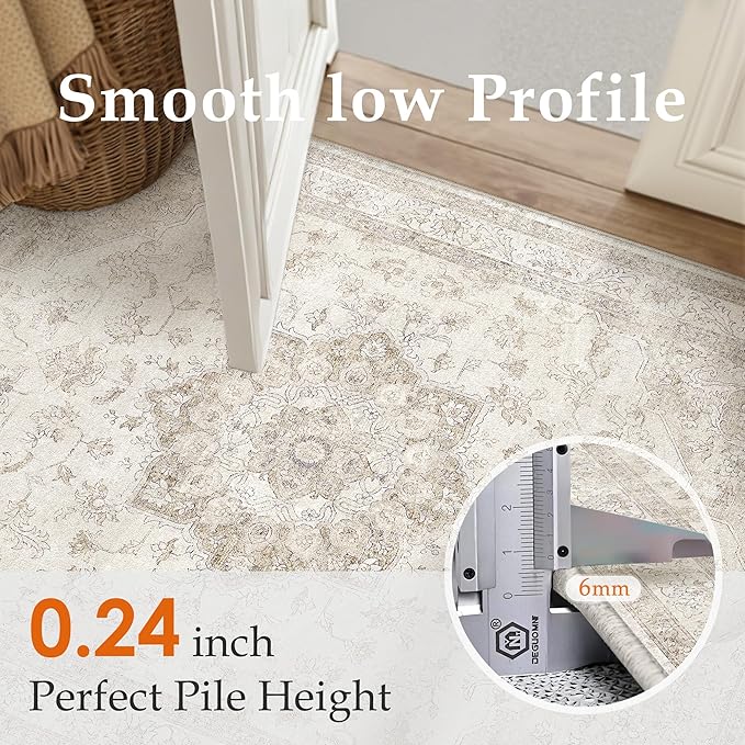 Beige Area Rug 2x4 Washable Vintage Carpet Entryway Kitchen Soft Retro Low Pile Thin Door Mat Non Slip Oriental Medallion Throw Small Rug for Bathroom Office Bedroom Dining Room