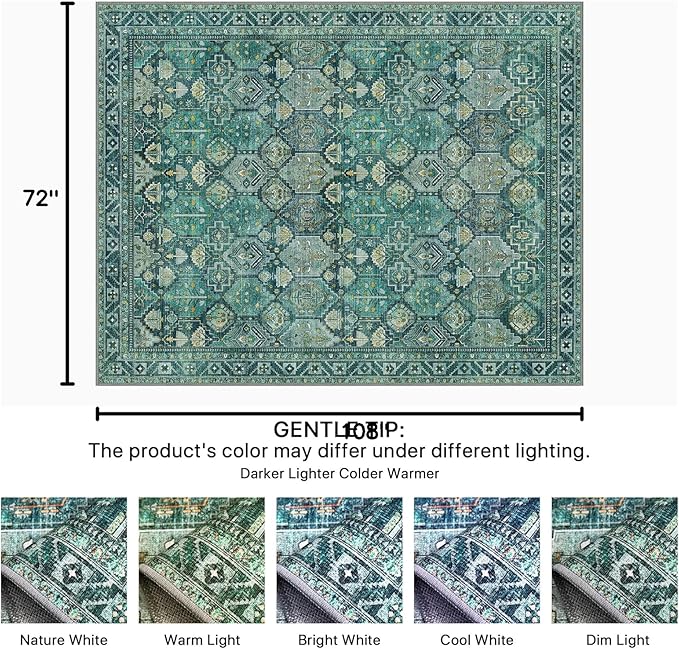 Bavni Washable Rug 6x9 Area Rug for Living Room Bedroom Dining, Washable Vintage Print Carpet, Ultra-Thin Chenille Low Pile Lightweight Rug with Non Slip Backing, Dark Green