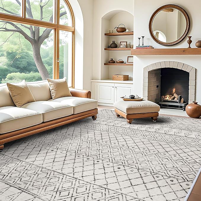 10 x 12 Area Rug - Modern Living Room Area Rugs Washable Moroccan Rugs Low Pile Non Slip Carpets Soft Indoor Thin for Bedroom Dining Room Office 10x12 Geo Grey