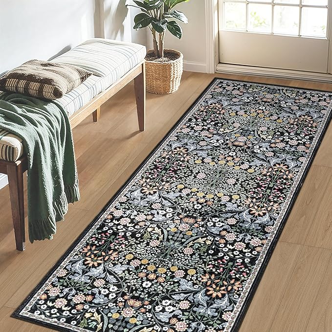 Runner Rug for Entryway: 2x6 Kitchen Rugs Non Slip Washable Ultra-Thin Soft Floral Carpet Indoor Stain Resistant Carpets for Hallway Bedroom Kitchen Laundry Bathroom Dorm Dark Black