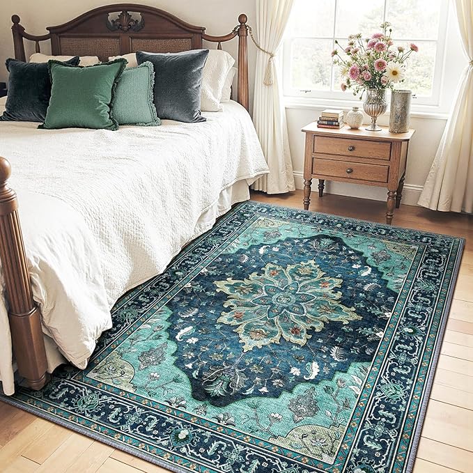 Area Rugs 4'x6' Washable Non-Slip, Floral Vintage Distress Print Pattern Medallion Carpet for Living Room Bedroom Dining Room, Teal Green Lake Blue Turquoise