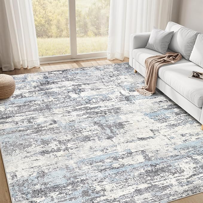 Area Rugs for Living Room: Abstract Washable Rug Large Soft Stain Resistant Non-Slip Backing for Bedroom Dining Room Indoor Home Office Carpet for Kids Pet Friendly Families - 7x9 Blue Grey