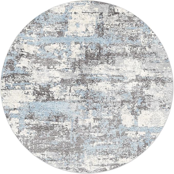 6ft Round Area Rugs for Living Room: 6x6 Abstract Washable Rug Modern Large Soft Stain Resistant Non-Slip Backing Machine Table for Bedroom Dining Room Indoor Home Office Carpet - Blue Grey