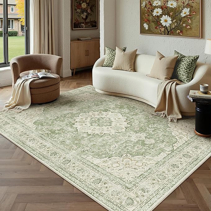 5x7 Green Washable Vintage Area Rug for Living Room Bedroom Soft Tranditional Non Slip Large Throw Rug Lightweight Floral Low Pile Distressed Carpet Office Playroom Dinning Laundry Room