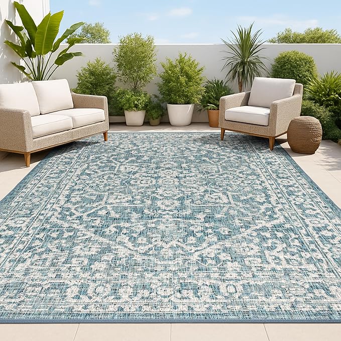 JONATHAN Y Boho Medallion Indoor Outdoor Area Rug 3X5 Teal/Gray, Malta Textured Weave for Backyard, Patio, Porch, Easy-Cleaning, High Traffic, Pet-Friendly, Non-Shedding (SMB104B-3)