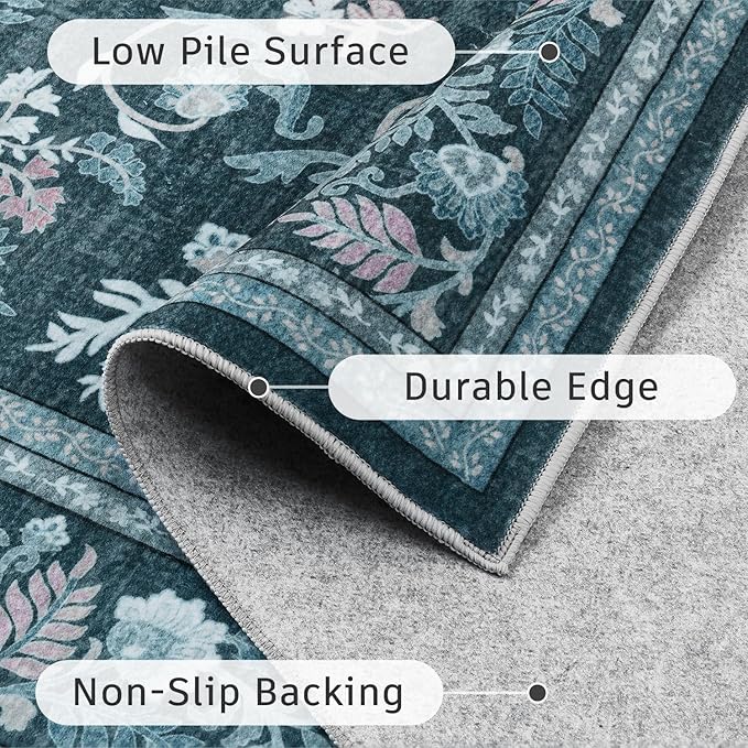 DCX Navy Blue 4x6 Area Rug, Machine Washable Non Slip Stain Resistant Soft Vintage Floral Rug, for Living Room, Bedroom, Dining Room, Soft Low Pile Large Carpet