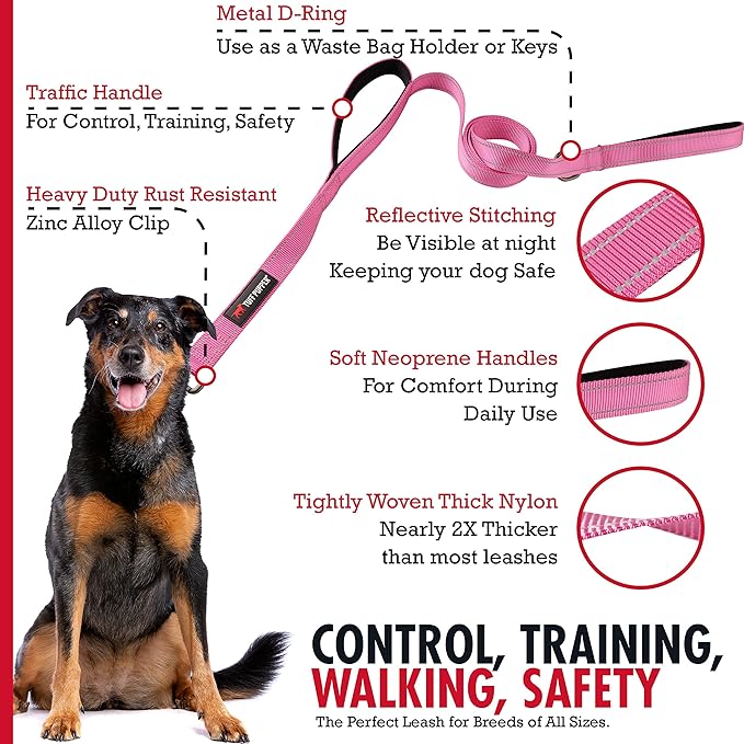 Tuff Pupper Heavy Duty Double Handle Leash | Twist Locking Carabiner Clip | Safety Lock for Strong Dogs | Reflective for Safe Night Walks | 6 Foot Leash for Medium & Large Dogs
