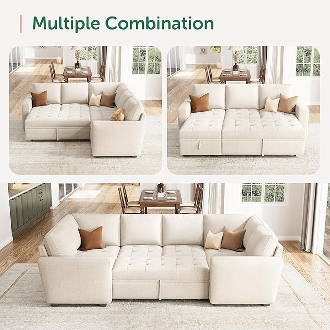 HONBAY Modular Sectional Sleeper Sofa with Pull Out Bed, Pull Out Bed for Sectional Couch, Beige