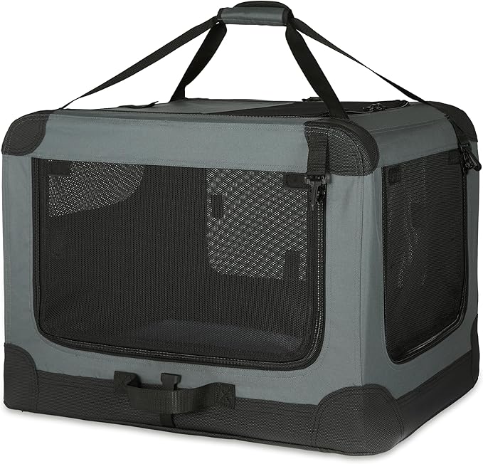 Amazon Basics 4-Door Portable Folding Soft Dog Crate, Collapsible Travel Kennel for Cat, Dog, and Small Animals, Pop Up with Fleece Mat, Water-Resistant Base, Grey, 36" x 24" x 24"