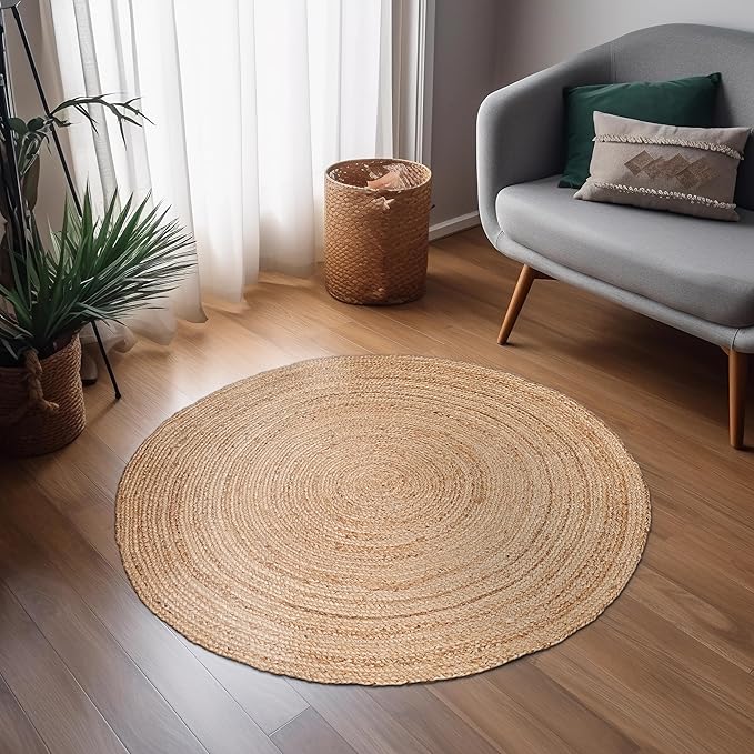 Hausattire Hand Woven Jute Braided Rug, 3??Round ??Natural, Reversible Boho Entry Area Rugs for Kitchen, Living Room I Farmhouse Decorative Floor Rug, 3 Feet Round