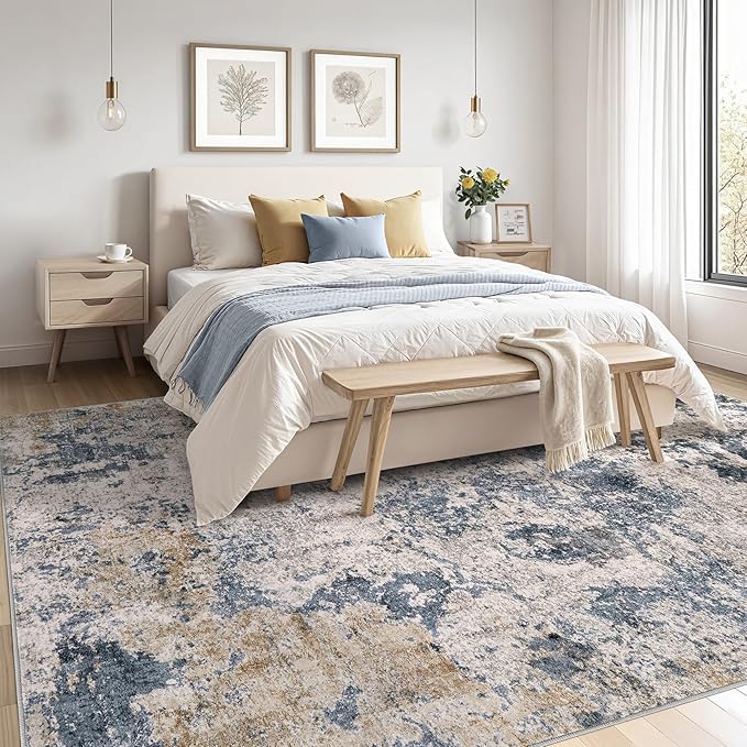 Area Rugs for Living Room: 10x14 Abstract Washable Rug Large Soft Stain Resistant Non-Slip Backing for Bedroom Dining Room Indoor Home Office Carpet for Kids Pet Friendly Families - Blue Brown