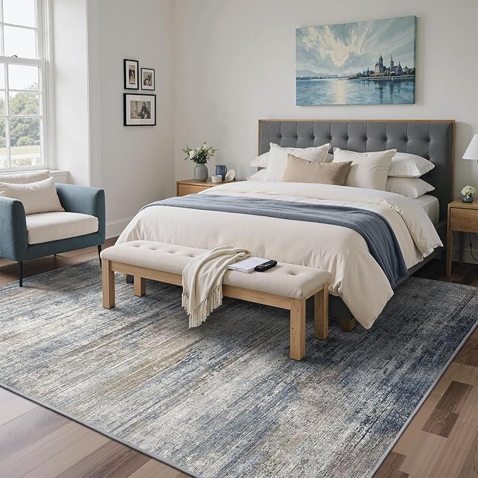 Area Rugs 6x9 for Living Room Bedroom, Modern Abstract Machine Washable Rug, Large Soft Low Pile Floor Carpet with Non Slip Backing for Dining Room, Denim Blue/Taupe