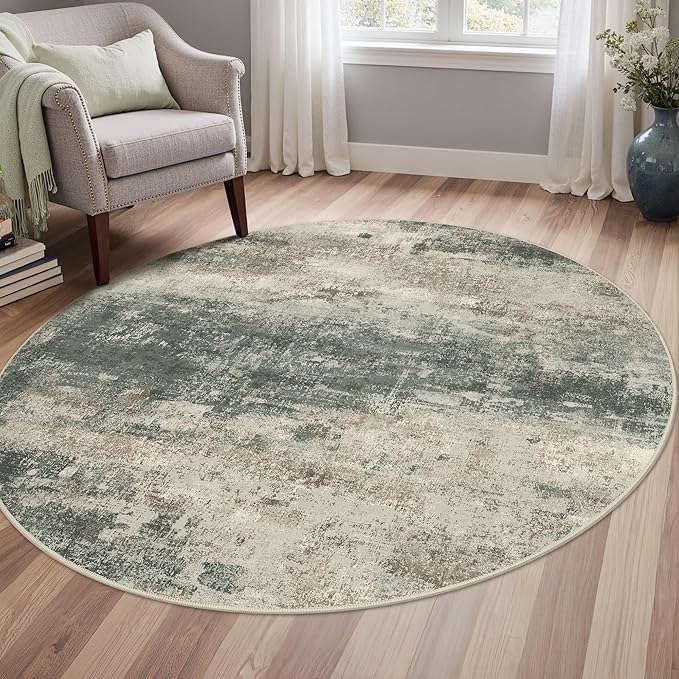Round Rugs 6FT for Living Room Bedroom, Modern Abstract Machine Washable Circle Rug, Soft Low Pile Floor Cover with Non Slip Backing for Dining Room, Grey/Dark Green