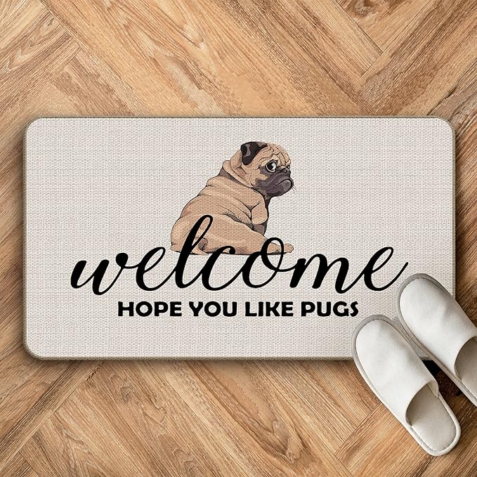 Hope You Like Pugs Welcome Door Mat Doormat 17”x30”,It's Not Dog Hair It's Pug Glitter Reversible Throw Pillow Cover 18”x18”,Set of 1 Pillow Cover 1 Doormat Decor for Home Girls Kids Room