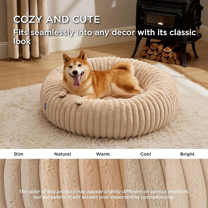 Bedsure ComfyFleece Donut Large Dog Bed - Washable Faux Fur with Corduroy Fleece & Anti Slip Bottom, Round Pet Bed with Removable Cover, Sandy Beige, 36x36x8 inches