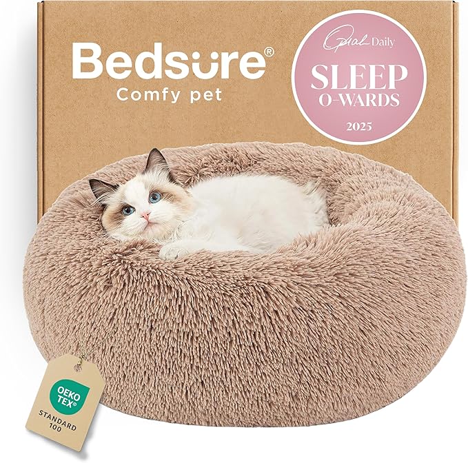 Bedsure Calming Cat Beds for Indoor Cats - Small Cat Bed Washable 20 inches, Anti-Slip Round Fluffy Plush Faux Fur Pet Bed, Fits up to 15 lbs Pets, Camel