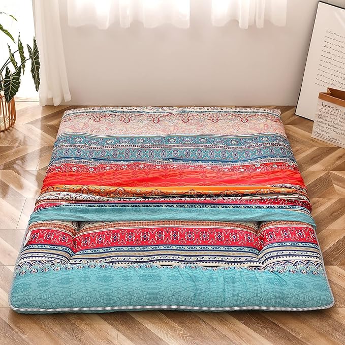 MAXYOYO Bohemian Retro Vintage Floral Japanese Futon Mattress Roll Up Tatami Floor Mat Foldable Bed Portable Camping Mattress Sleeping Pad Floor Lounger Couch Bed, King