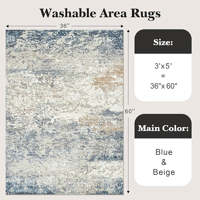 Art&Tuft Washable Rug, Anti-Slip Backing Abstract 3x5 Rug, Stain Resistant Rugs for Living Room, Foldable Machine Washable Area Rug (TPR18-Blue, 3'x5')