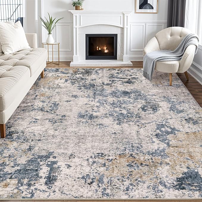 Area Rugs for Living Room: 8x10 Abstract Washable Rug Large Soft Stain Resistant Non-Slip Backing for Bedroom Dining Room Indoor Home Office Carpet for Kids Pet Friendly Families - Blue Brown