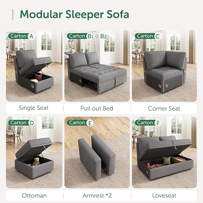 HONBAY Modular Sectional Sleeper Sofa with Pull Out Bed, Loveset Chair for Sectional Couch, Grey