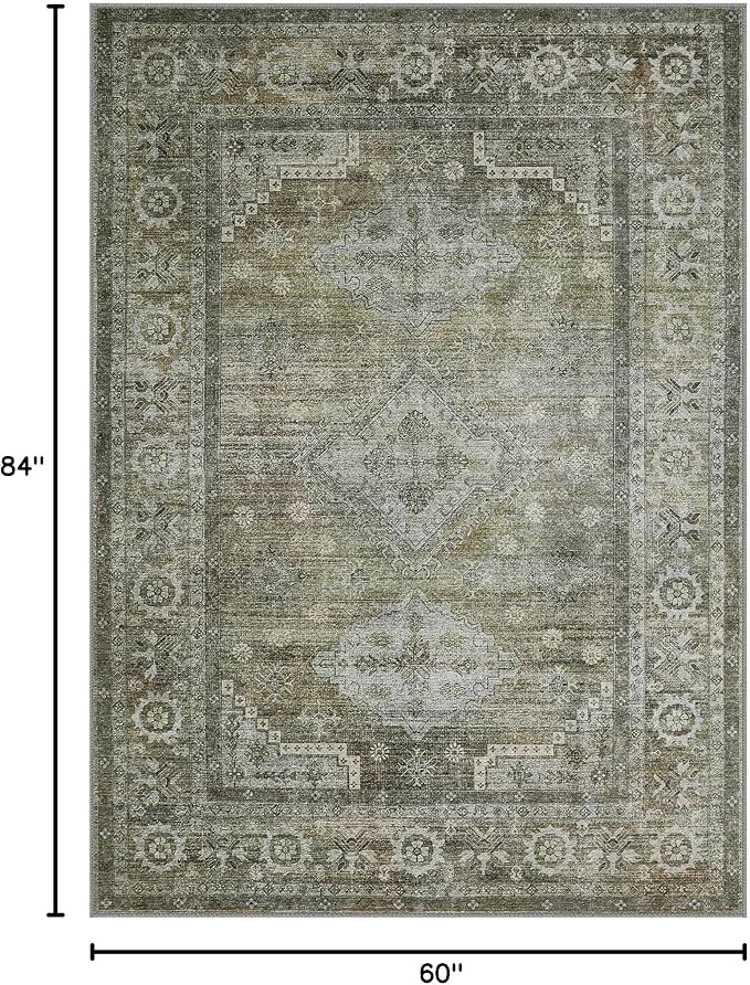 Area Rugs 5x7 for Living Room Bedroom, Modern Boho Machine Washable Large Distressed Light Greyish Sage Green Rug, Low Pile Floor Carpet with Non Slip Backing for Dining Room