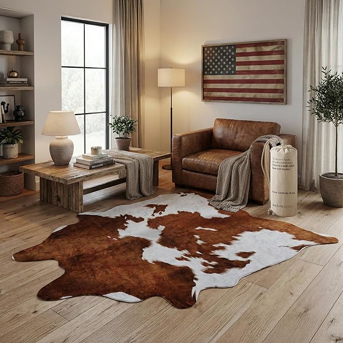 NativeSkins Faux Cowhide Rug ??Brown and White (Large) | 4'7" x 6'7" | Triple-Layer Support | Ultra-Soft Pile | Hand-Cut, Faux Suede No-Slip Backing | Western Rug | Cow Hide Animal Print