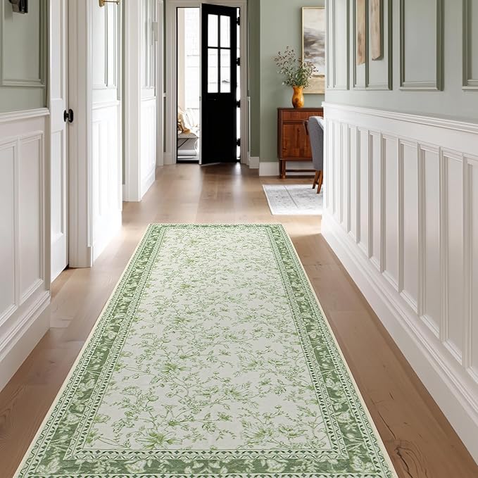 Light Green Kitchen Rug 3x8 Modern Vintage Boho Farmhouse Unique Floral Sage Cream Beige Peony Lily Sketch Style, Washable Low Pile Non-Slip Extra Long Wide Runner Rugs for Hallway 8 ft Long