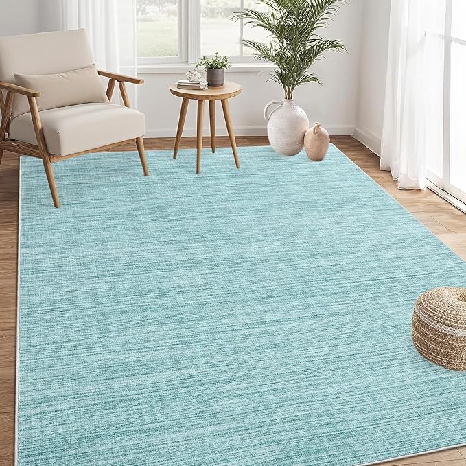 5x7 Washable Rugs Non Slip Minimalist Area Rug for Bedroom Soft Low Pile Solid Color Large Bedroom Throw Carpet Stain Resistant Classic Neutral Area Rug Plain Boho Rugs for Kitchen Nursery, Blue