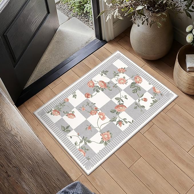 HUGEAR 2x3 Checkered Rugs for Entryway Machine Washable Grey Small Carpet Floral Print Non-Slip Stain Resistant Low Pile Indoor Throw for Entrance Kitchen Bedroom Dining Laundry