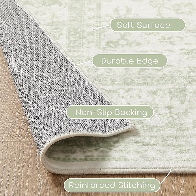 Sage Green Area Rug for Bedroom Neutral Boho Farmhouse Floral Distressed Design 5x8 Rug with Washable No Slip Soft 5 by 8 Area Rugs for Living Room Home Office Dining Room Carpet for Under Table