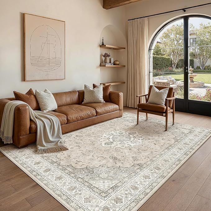 5x7 Neutral Washable Vintage Area Rug for Living Room Bedroom Beige Brown Soft Non Slip Large Throw Rug Lightweight Floral Low Pile Distressed Carpet Office Playroom Dinning Laundry Room