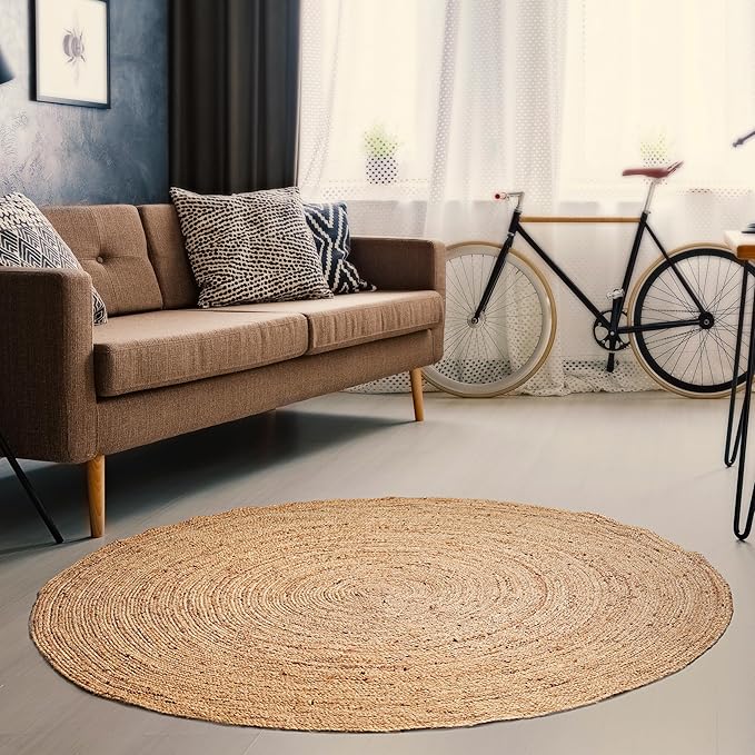 Hausattire Hand Woven Jute Braided Rug, 5??Round ??Natural, Reversible Boho Entry Area Rugs for Kitchen, Living Room I Farmhouse Decorative Floor Rug, 5 Feet Round