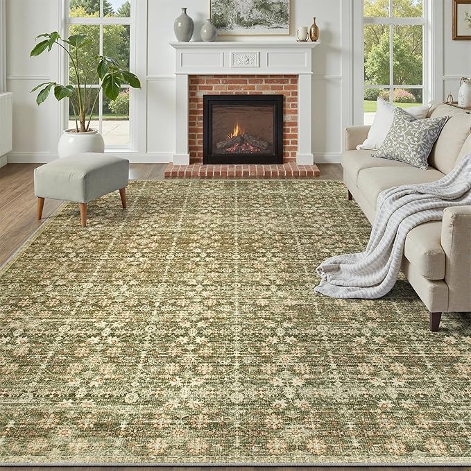 DCX 8x10 Neutral Rug, Kid & Pet Friendly with Rubber Back Non Slip, Machine Washable Stain Resistant Olive Green Floral Rug for Living Room, Bedroom, Soft Low Pile Large Nursery Carpet
