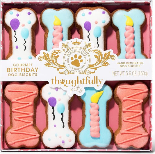 Thoughtfully Pets, Pink Dog Birthday Cookie Gift Set, Hand Decorated Crunchy Dog Treats in Bone Shapes, Great for Birthdays, Set of 8