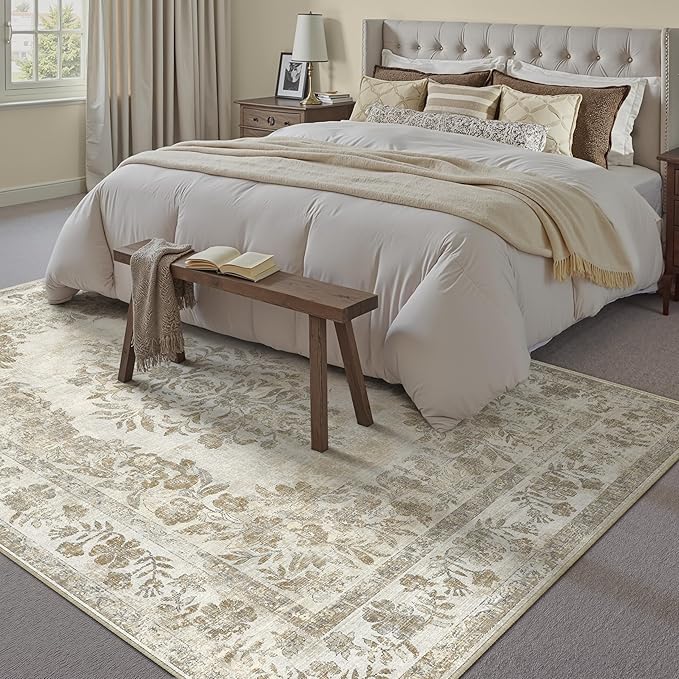 8x10 Area Rug Beige Washable Vintage Distressed Living Room Carpet Large Bedroom Indoor Medallion Floral Non Slip Retro Throw Floor Mat for Office Dining Room Kitchen Bathroom