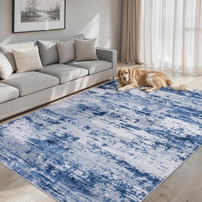 Area Rugs Living Room Rug - 5x7 Washable Modern Abstract Soft Neutral Non-Slip Carpet Large Indoor Floor Thin Carpets for Bedroom Dining Room Farmhouse Nursery Home Office Blue Gray