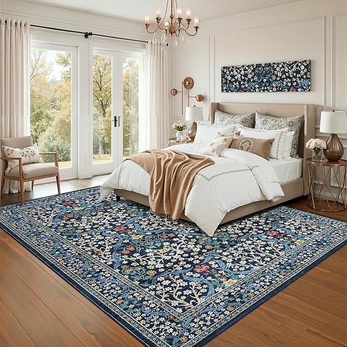 GarveeHome Washable Rug for Living Room, 9x12 Large Area Rug for Dining Room Under Table, Bedroom, Floral Soft Low Pile Non Slip Stain Resistant Carpet for Nursery, Playroom, Office, Dark Blue