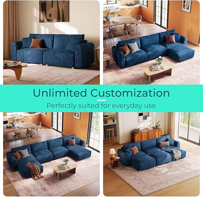 LINSY HOME Cloud Couch Sectional, Modular Sofa Sectionals for Living Room Bedroom, 91" L Shape Love Seat Couch with Ottoman, 2 Seater Deep Seat Cozy Couch Luxury Chenille Sofas, Blue