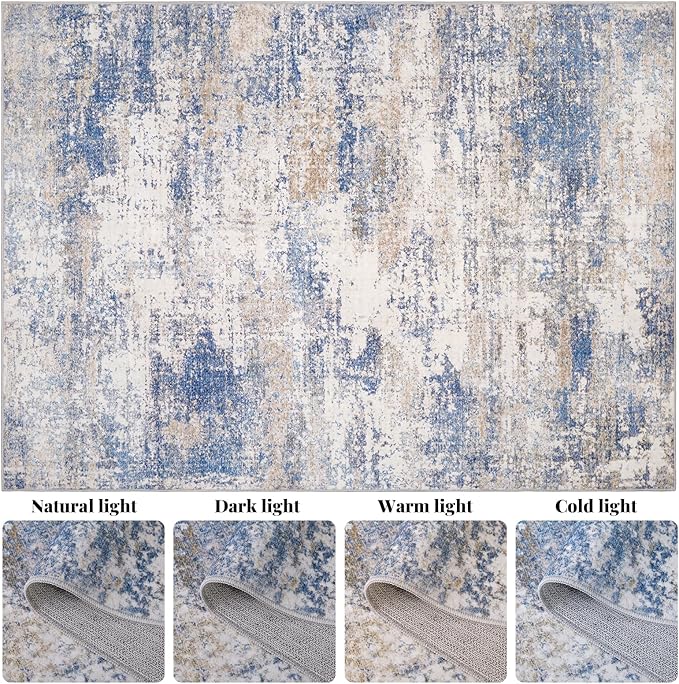 Area Rug Living Room Washable Rugs: 8x10 Modern Neutral Abstract Low Pile Non Slip Floor Carpet - Large Soft Thin Stain Resistant Rug for Bedroom Dining Indoor Office Home, Blue Brown