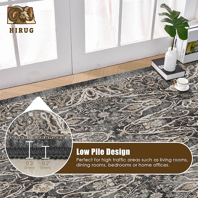 Washable Area Rug 6' x 9' Vintage Traditional Persian Mat - Foldable Distressed Non-Slip Machine Washable Carpet for Living Room Bedroom Kitchen Home Decor - Ebony and Taupe