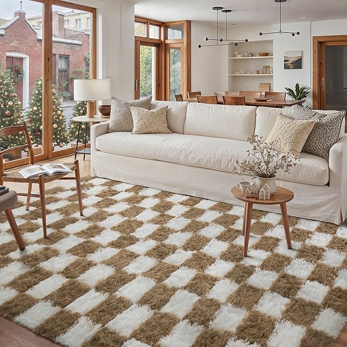 Checkered Rug 8x10 for Living Room, Brown and White Modern Shag Rugs Super Soft Washable Indoor Office Fuzzy Carpet Non-Slip Fluffy Rugs for Bedroom Home Aesthetic Decor