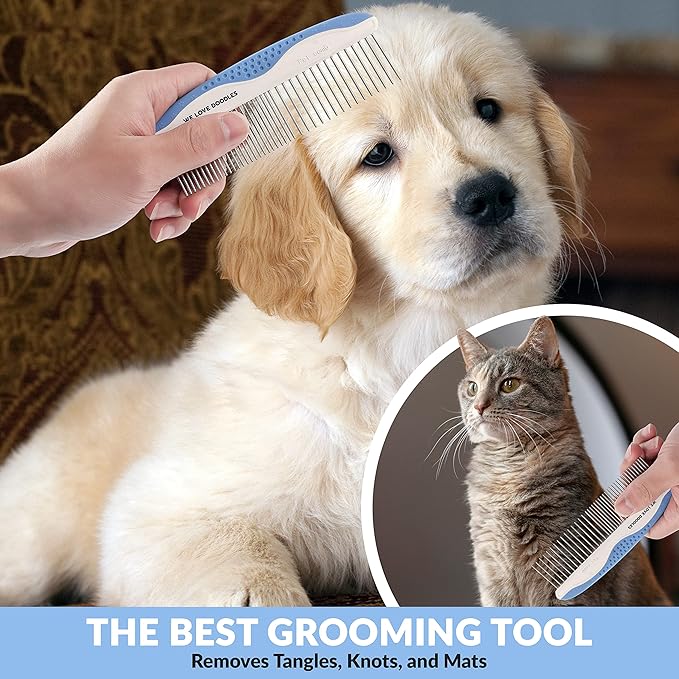 We Love Doodles Small Dog Grooming Comb & Large Dog Slicker Brush Bundle - Grooming Comb & Mini Slicker Brush For Small Puppy Kit - Removes Tangles & For Dematting - Made in USA