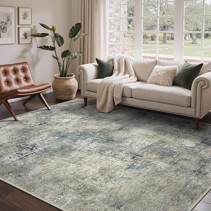 Area Rugs 8x10 for Living Room Bedroom, Modern Abstract Machine Washable Rug, Large Soft Low Pile Floor Carpet with Non Slip Backing for Dining Room, Light Gray Blue